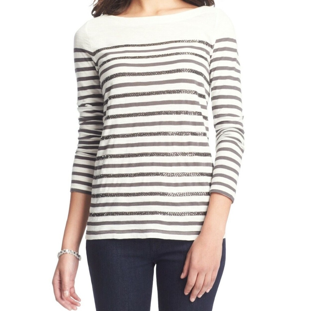 LOFT Beaded Striped Long Sleeve Top